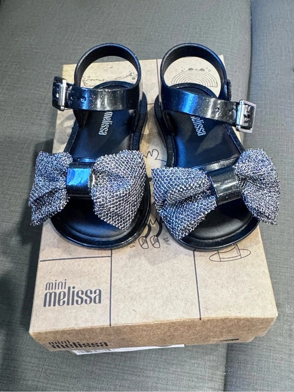 Mini Melissa Black Glitter Bow Sandals for Girls